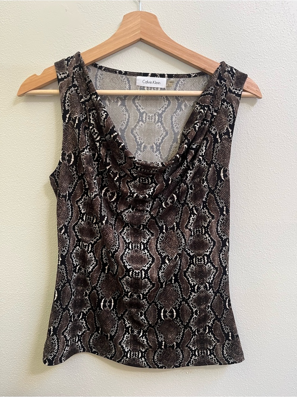 Calvin Klein Snake-Print Cowl Neck Tank in Gray and Brown